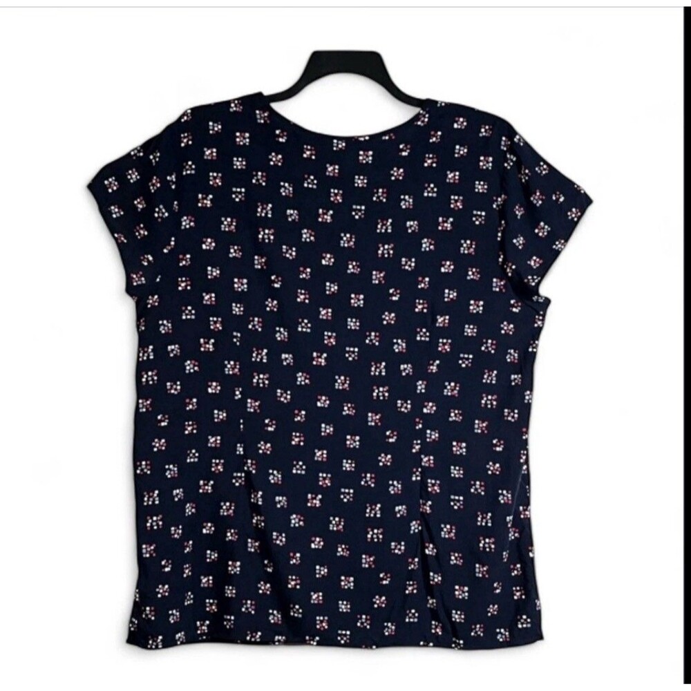Tommy Hilfiger XXL Navy Pleated V-Neck Blouse Mosaic Print Short Sleeve Career - Picture 5 of 8
